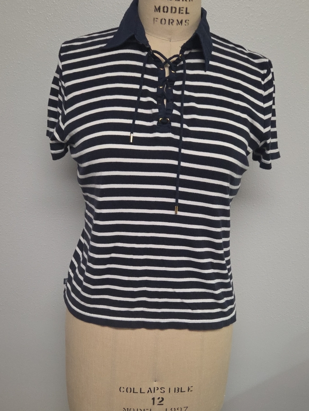 Chaps Navy and White Lace-Up Striped Polo Tee
